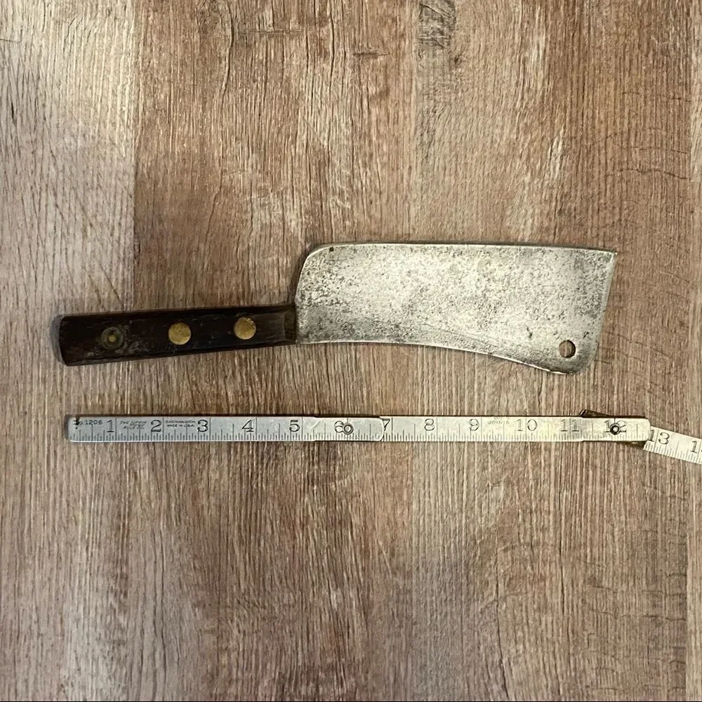 Vintage Antique Meat Cleaver w Wood Handle 3 Brass Pin 12 Inch